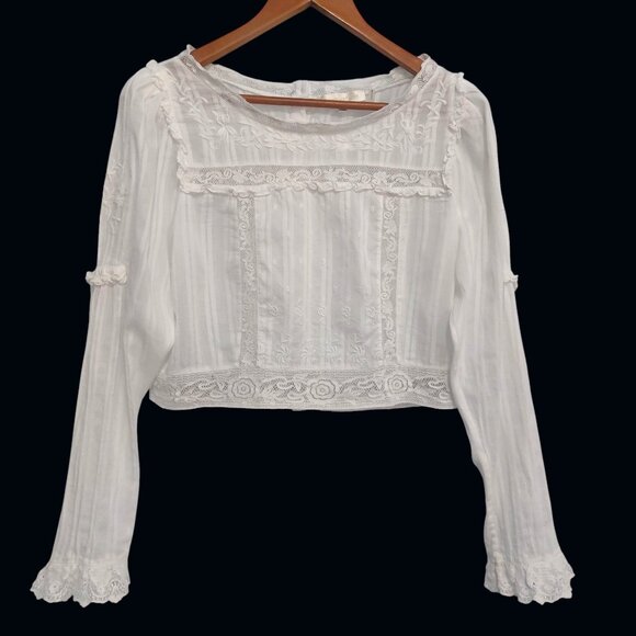 LoveShackFancy Tops - LoveShackFancy Top White 12 Long Sleeves Back Buttons Eyelet Cotton Romantic EUC